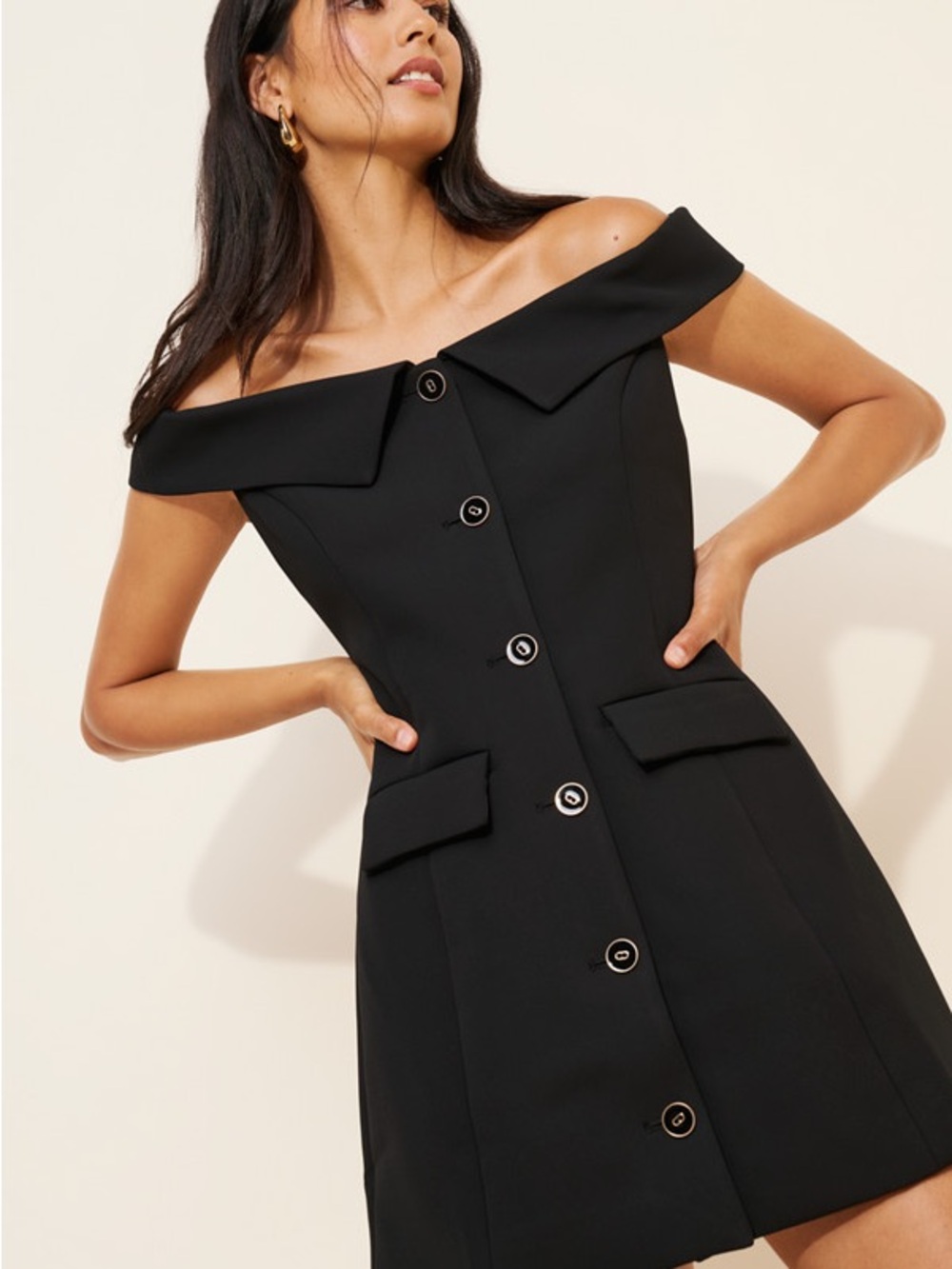 Hill House Off-Shoulder Black Button-Front Dress